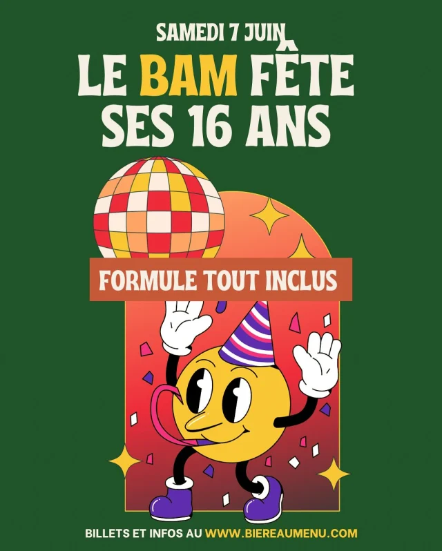 Pour ceux qui pensaient qu’on avait oublié la fête du BAM… Bin non! Voici le plus gros package deal que tu vas avoir vu de ta vie! Toutes les informations et l’achat de billet sont en ligne sur notre site internet!
www.biereaumenu.com
Au plaisir de te voir la binette, on a hâte de fêter nos 16 ans avec toi!